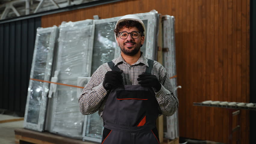 Smiling construction worker gesturing with hands in factory