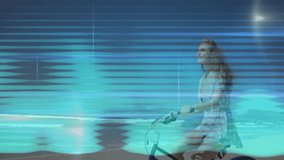 Female cyclist pedaling blue bike activating pulsing turquoise lights showcasing digital technology. Futuristic, neon, dynamic, motion, technology, innovation, abstract - Powered by Shutterstock - Get 15% off with code: PIKWIZARD15