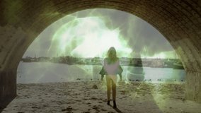 Woman walking through stone arch onto sandy beach as emerging green energy portal animating AR demo. Fantasy, adventure, mystical, landscape, technology, futurism, exploration - Powered by Shutterstock - Get 15% off with code: PIKWIZARD15