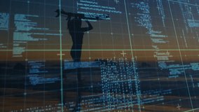 Lifting board overhead female surfer stepping along sunset shore entering surf amid technology grid. Silhouette, beach, digital, sunset, technology, ocean, future - Powered by Shutterstock - Get 15% off with code: PIKWIZARD15