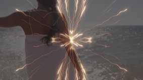 Travel ad showing woman walking barefoot on shore golden light unveiling sundress with footprints. Beach, ocean, shoreline, serenity, sunlight, freedom, travel - Powered by Shutterstock - Get 15% off with code: PIKWIZARD15