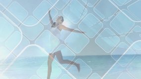 technology grid pulsing over ocean revealing woman running leaping walking shore as overlay fading. Digital, vibrant, minimalist, nature, movement, serenity, innovation - Powered by Shutterstock - Get 15% off with code: PIKWIZARD15