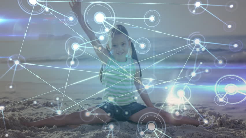 Girl performing seated split on shore after glowing nodes appearing, displaying pulsing network. Balance, flexibility, energy, vitality, innovation, technology, outdoor