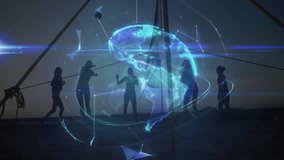 Female friends starting beach volleyball rally for fun generating tech mesh into rotating globe. Activewear, leisure, digitalart, sports, teamwork, outdoor, futurism - Powered by Shutterstock - Get 15% off with code: PIKWIZARD15