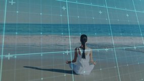 Seated woman meditating on beach, digital grid tech scanning posture and tracking waves for calm. Meditation, tranquility, technology, serenity, mindfulness, coastal, futurism - Powered by Shutterstock - Get 15% off with code: PIKWIZARD15