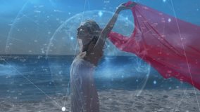Woman lifting red fabric on beach while breeze catching scarf causing swirling tech data overlay. Beach, seaside, relaxation, digital, futuristic, outdoor, flow - Powered by Shutterstock - Get 15% off with code: PIKWIZARD15