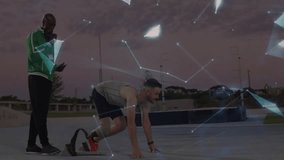 Athlete holding start blocks on ground and initiating holographic globe overlay for sports analysis. Technology, innovation, sports, athletics, training, futuristic, competition - Powered by Shutterstock - Get 15% off with code: PIKWIZARD15