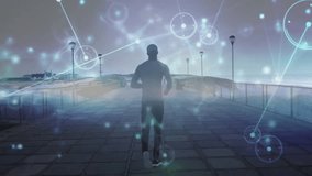 Runner jogging on pier activating digital network overlay showing fitness data with glowing nodes. Technology, innovation, connectivity, wellness, urban, futuristic, vitality - Powered by Shutterstock - Get 15% off with code: PIKWIZARD15
