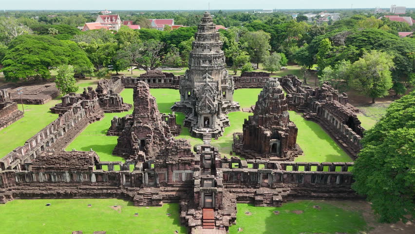 Drone footage aerial view of Phimai Historical Park. the ancient stone temple structures from the Khmer empire. Nakhon Ratchasima, Thailand