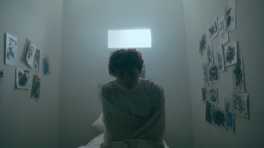 Young man with mental illness wearing straitjacket, looking into camera with blank expression in isolated psychiatric room with drawings on walls and flickering light. Video portrait, zoom shot
