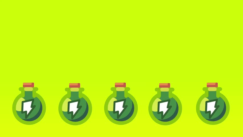 Five identical green potion bottles arranged in a neat row, creating a sense of consistency in a magical game asset style