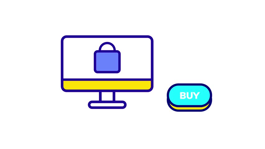 A desktop screen with shopping bag and buy button represents a modern e-commerce transaction in a clean, iconographic style