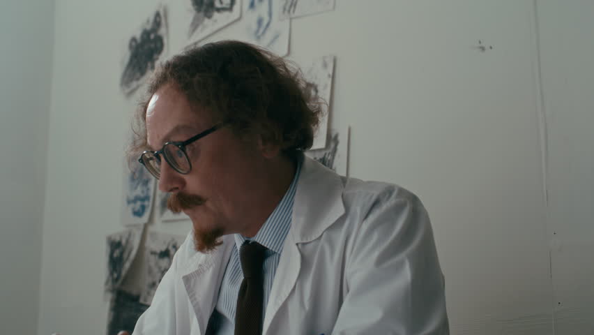 Psychiatrist putting pill on table in front of young male patient in straitjacket as offering him medication during clinical session at mental hospital