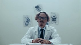 Professional doctor posing on camera while sitting at desk in psychiatric hospital ward with abstract ink drawings on wall behind him. Video portrait - Powered by Shutterstock - Get 15% off with code: PIKWIZARD15