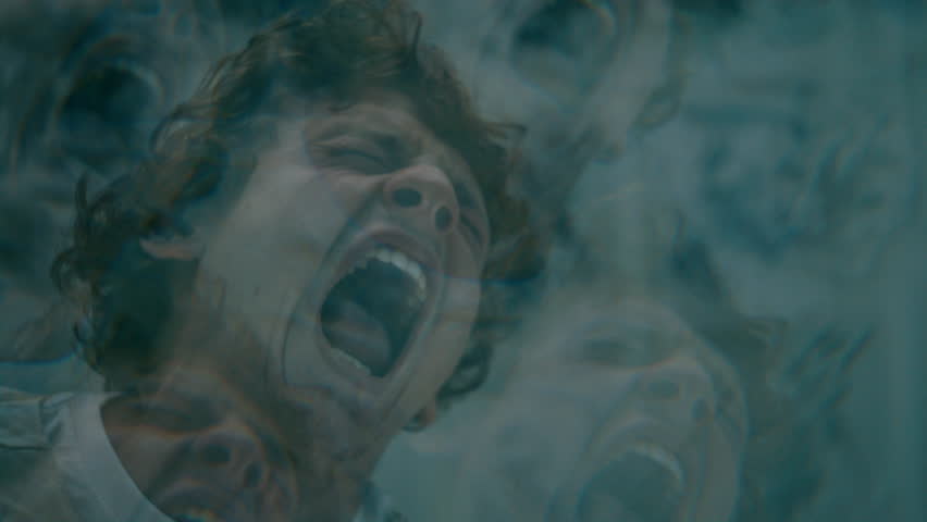 Psychiatric male patient in straitjacket experiencing intense emotional outburst and screaming during mental breakdown at clinic. Kaleidoscope effect