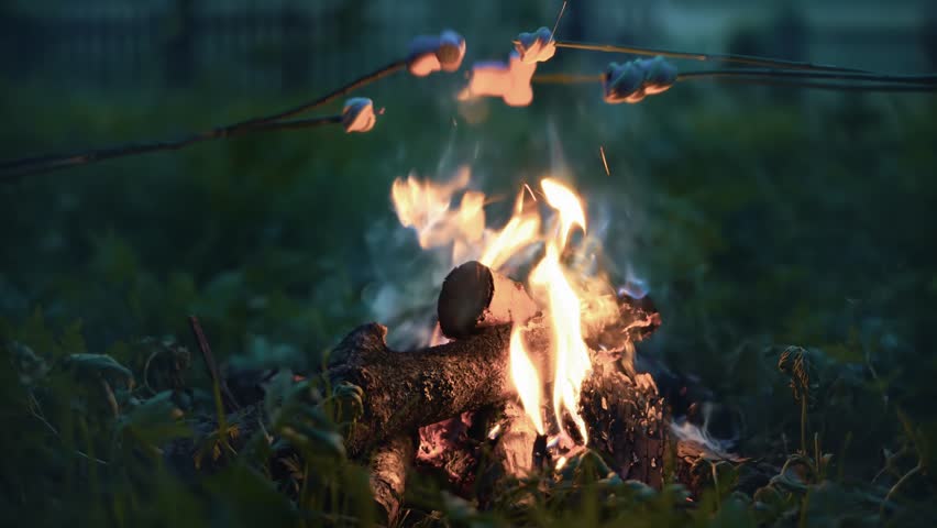 marshmallows roasting over crackling campfire at dusk with soft flames and rising smoke creating a warm, inviting and classic outdoor camping scene. evening camp campfire stories Roasting marshmallows