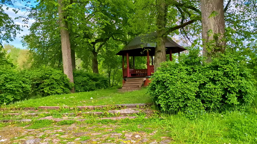 Wooden gazebo nestled among tall trees and bushes in peaceful green park clearing.