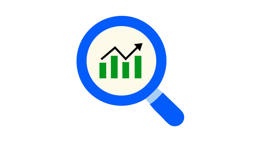 Market research and growth analysis logo in cartoon animation. Business performance magnifier icon. Financial trend discovery symbol. Profit and performance review. Alpha channel. Seamless looping.