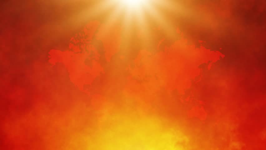 Red orange glowing world map with Sun and flames - global heat wave - intense solar flares and flames depicting climate crisis
