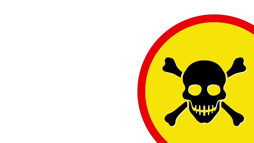 Animated danger sign, skull and bones, safety warning, hazard alert, white background, copy space for text