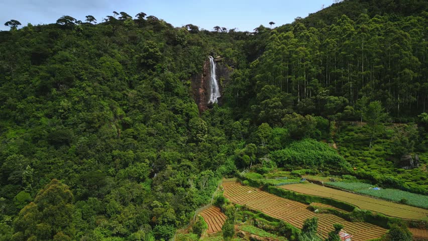 Cinematic drone pan capturing Lover s Leap Falls and lush highlands of Sri Lanka. Perfect for travel videos, tourism ads, eco promos, documentaries, and nature storytelling visuals.
