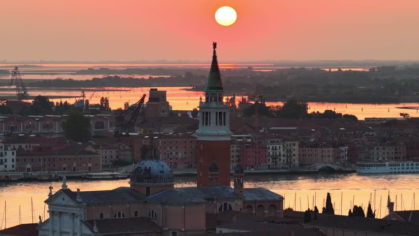 Venice skyline at sunrise, drone view of cathedral in Venice, Italy, vacation in Italy, Venetian lagoon at dawn