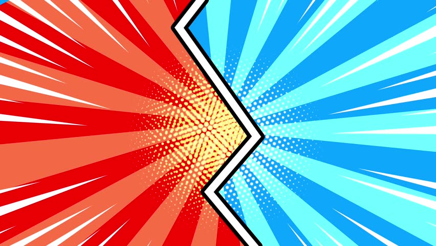 Red versus blue comic book battle screen with moving speed lines. Looping pop art animation for versus comparisons, fight intros, and dynamic text overlays. Ideal for high energy video.
