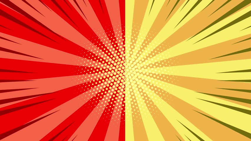 Red and yellow comic book background with rotating speed lines. Looping pop art animation for versus battles, action intros, or dynamic text overlay. Perfect for high energy visuals.