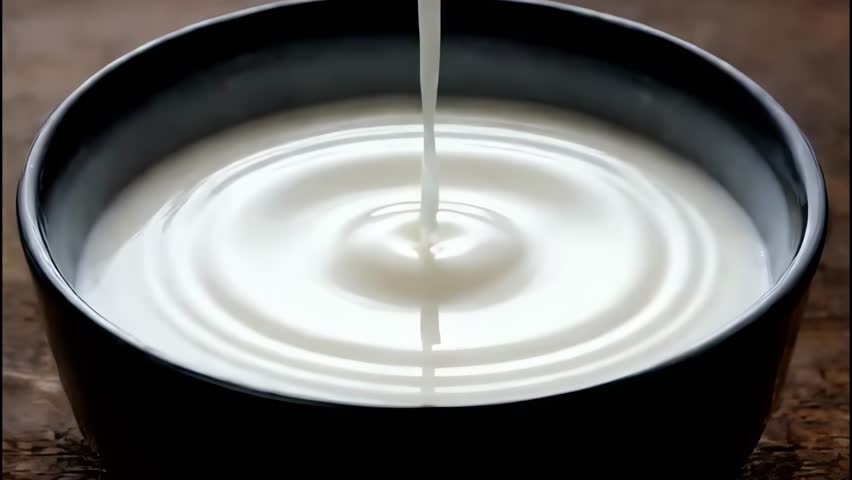 A slow motion close-up of a stream of pure, wholesome goodness, pouring rich cream, yogurt, or fresh farm milk into a dark bowl on a rustic wooden table, Indulgent and creamy liquid, like a thick milk