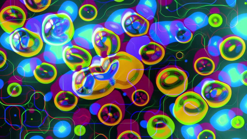 Seamless 4K animation of psychedelic glossy bubbles with chromatic lighting and glitch-organic motion. Perfect for VJ visuals, abstract design, digital art, and futuristic audiovisual experiences.