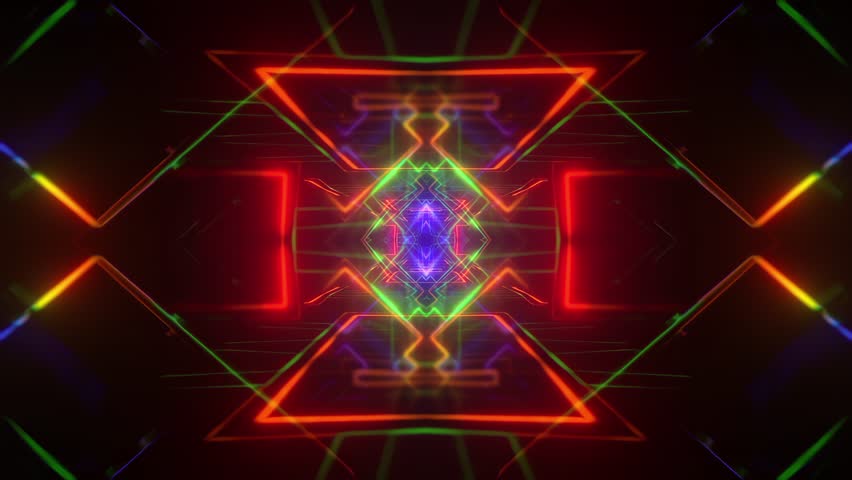 Seamless 4K animation of a glowing neon tunnel with high-tech motion and psychedelic geometry. Ideal for VJ sets, cyberpunk visuals, music projections, and futuristic ambient design.