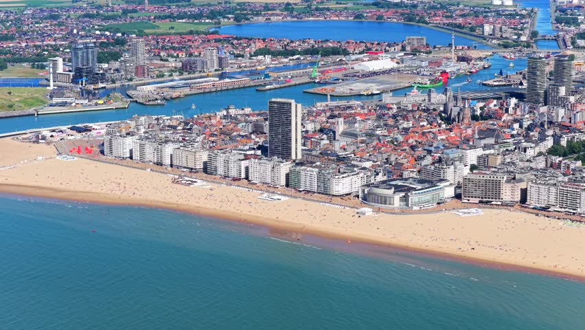 Aerial view of the beach and city of Ostend Belgium during summer