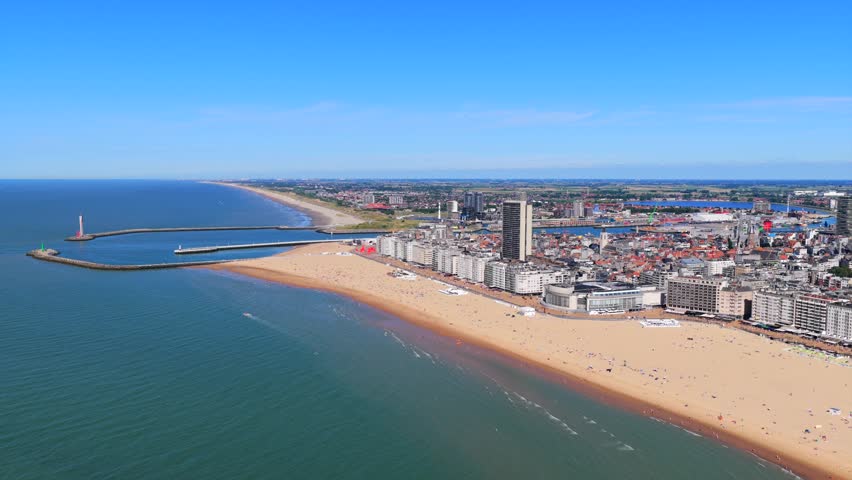 Aerial view of the beach and city of Ostend Belgium during summer