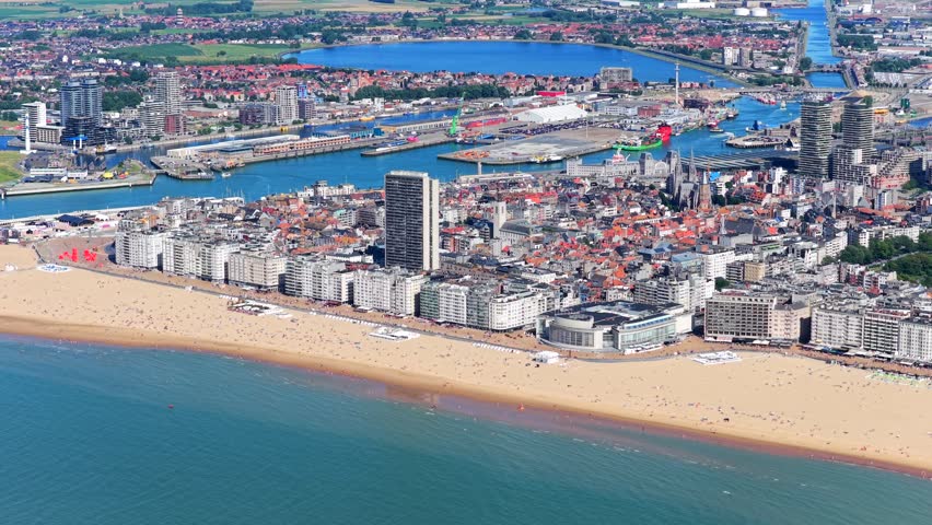 Aerial view of the beach and city of Ostend Belgium during summer