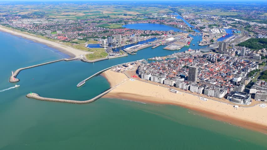 Aerial view of the beach and city of Ostend Belgium during summer
