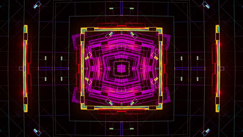 Cyberpunk geometric neon VJ loop in 4K – dynamic abstract pattern animation with futuristic grid, vivid colors, and kaleidoscopic visual depth.