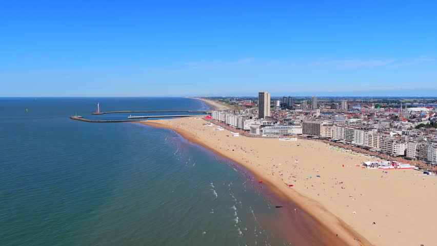 Aerial view of the beach and city of Ostend Belgium during summer