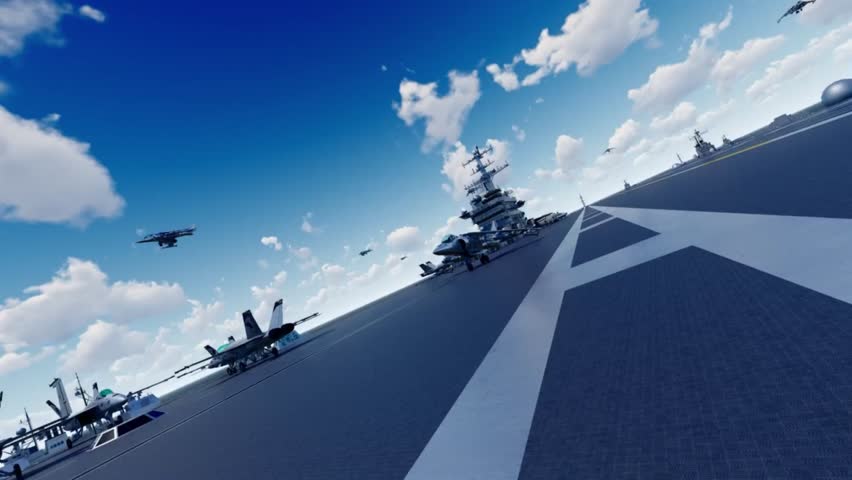 Aerial view of a modern naval fleet with a massive aircraft carrier, fighter jets, and support ships in formation on the open ocean.Showcases military coordination, naval power, and defense technolog.