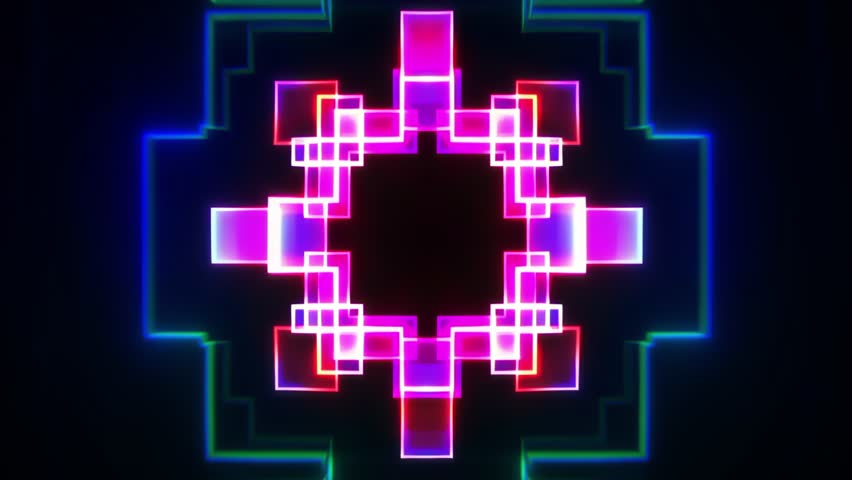 Futuristic neon voxel tunnel loop with vibrant colors and kaleidoscopic movement. Seamless 4K cyberpunk animation ideal for VJ sets, electronic music backdrops, and ambient motion design visuals.
