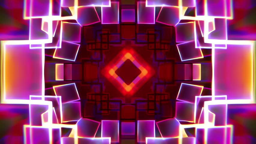 Futuristic neon voxel tunnel loop with vibrant colors and kaleidoscopic movement. Seamless 4K cyberpunk animation ideal for VJ sets, electronic music backdrops, and ambient motion design visuals.