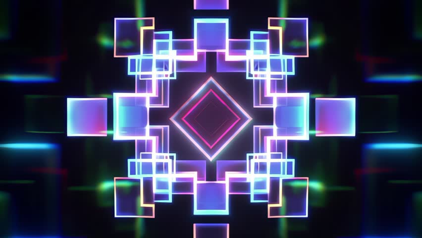 Futuristic neon voxel tunnel loop with vibrant colors and kaleidoscopic movement. Seamless 4K cyberpunk animation ideal for VJ sets, electronic music backdrops, and ambient motion design visuals.