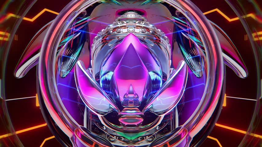 Cyberpunk Buddha Metamorphosis – Seamless 4K loop of a techno-Buddha transforming into a chrome lotus with neon glitch and psychedelic visuals.