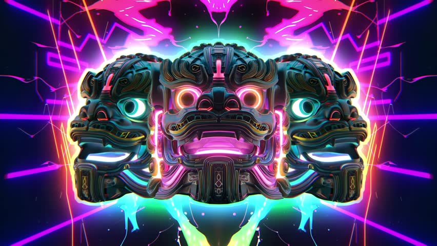 Cyberpunk Totem Loop – 4K seamless animation of neon tiger and lion faces with tribal glitch textures. Inspired by Peranakan art and anime. Perfect for VJing, digital rituals, and psychedelic visuals