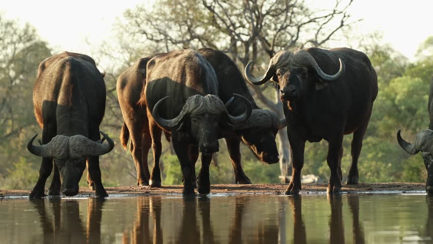 Wide shot of a group of male Cape buffaloes standing and drinking at a waterhole, Greater Kruger.