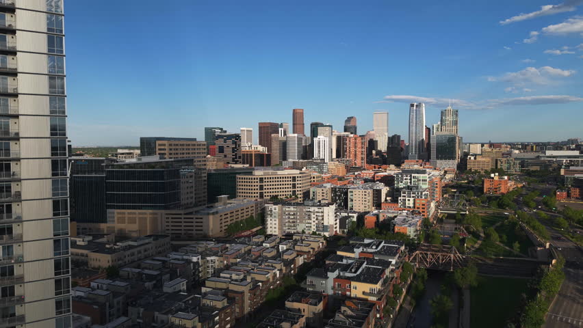 Drone descending in front of the Union Station district and downtown Denver, USA