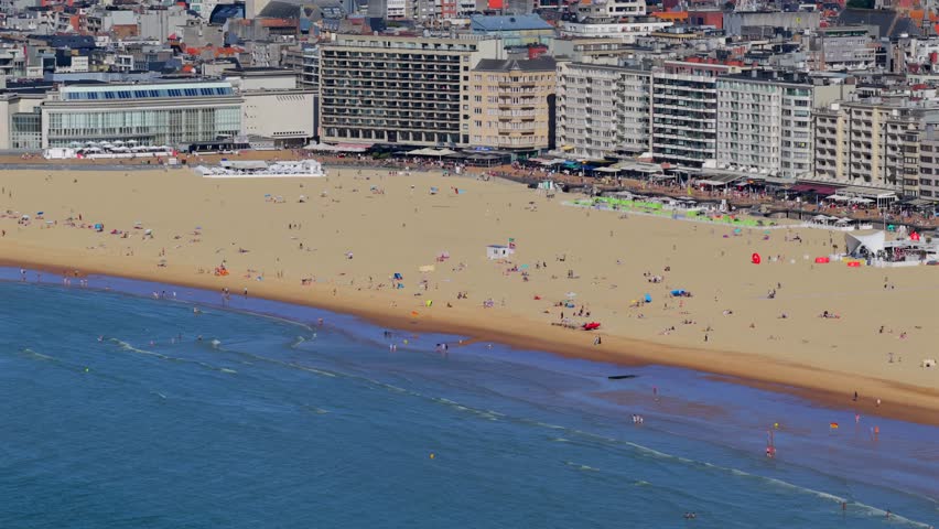 Aerial view of the beach and city of Ostend Belgium during summer
