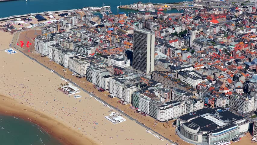 Aerial view of the beach and city of Ostend Belgium during summer