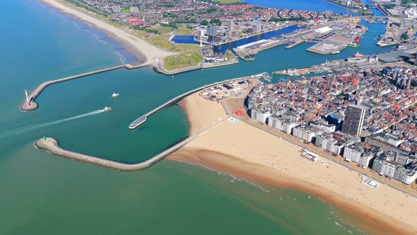 Aerial view of the beach and city of Ostend Belgium during summer
