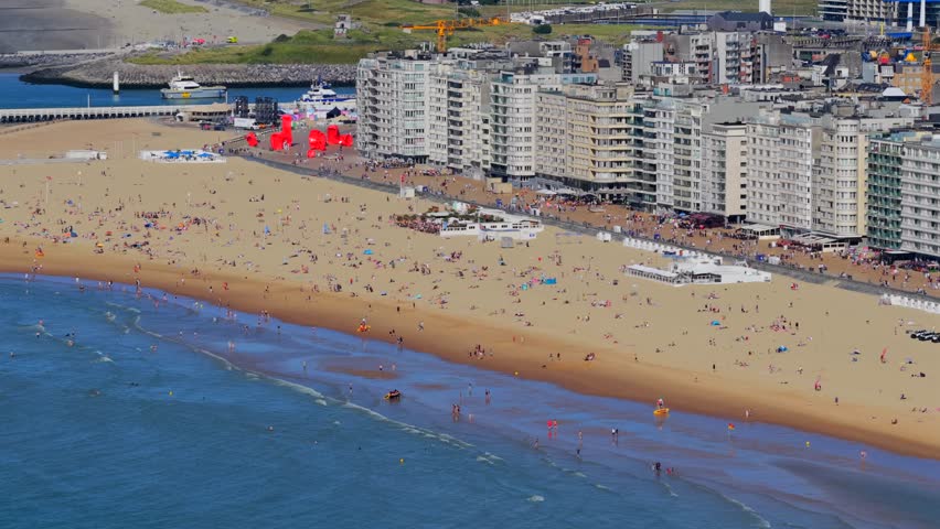 Aerial view of the beach and city of Ostend Belgium during summer