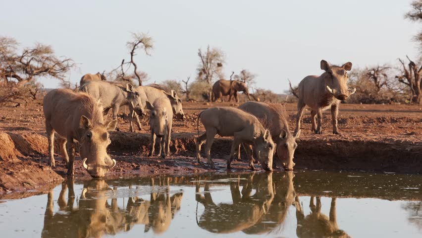 A group of warthogs is drinking at a waterhole with beautiful reflection and elephants walking in the background, Mashatu Game Reserve.
